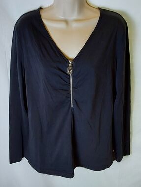 Michael Kors Black V-Neck Long Sleeve Top with Front Zip Detail